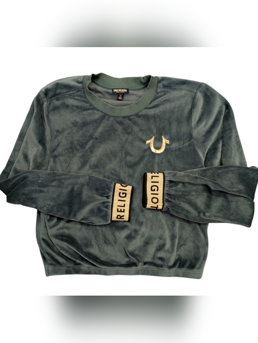 True Religion Green Velour Logo Sweatshirt Small Petite